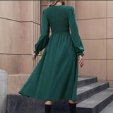 Elegant Green Long Sleeve Smocked Waist Midi Dress