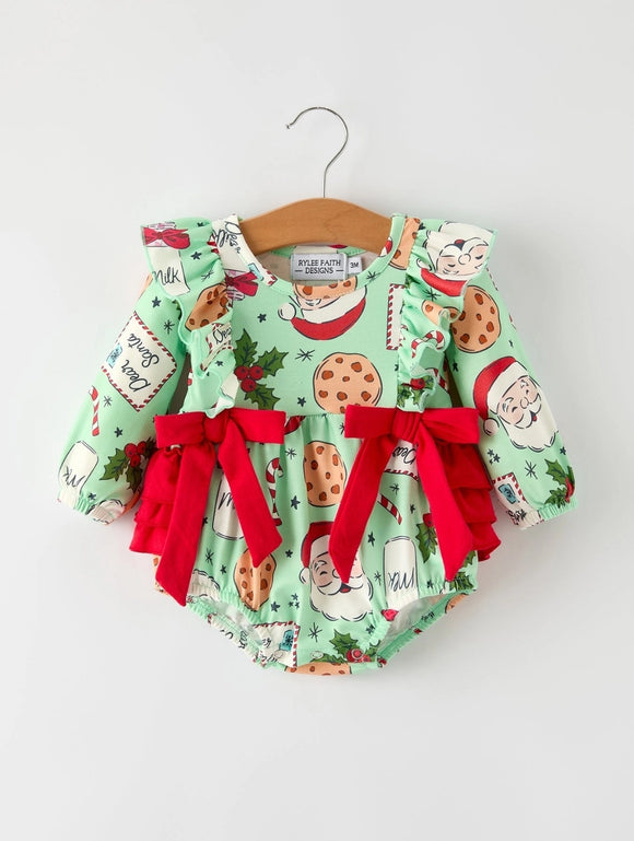 Santa and Cookie Print Baby Girls Romper with Red Bow Detail