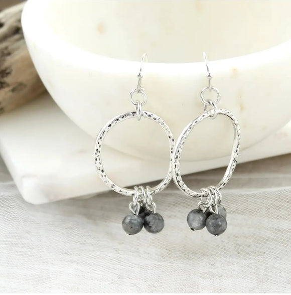 Antique Sliver Oval with Dray Grey Stone Bead Earrings