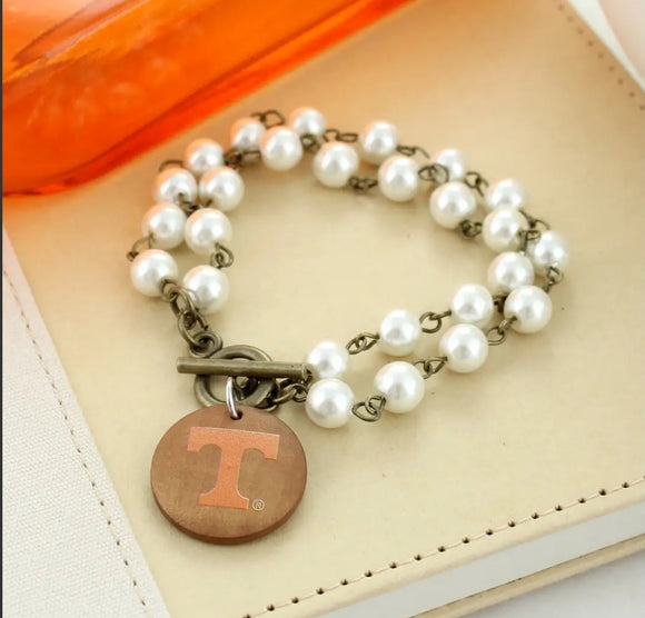 Tennessee Logo Pearl & Wood Disc Toggle Bracelet