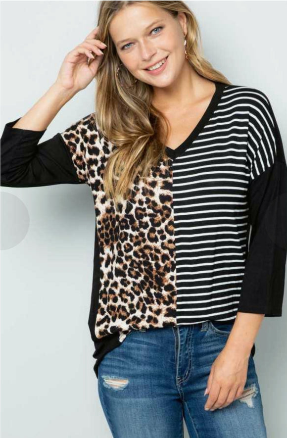 Sarah Leopard Stripe 3/4 sleeve Tee