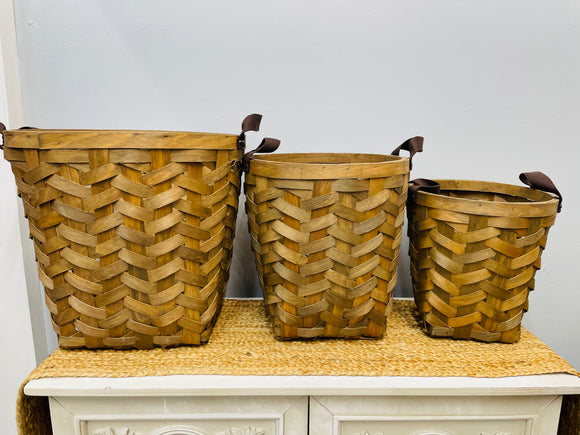 Circular Chip Wood Basket With Canvas Handles